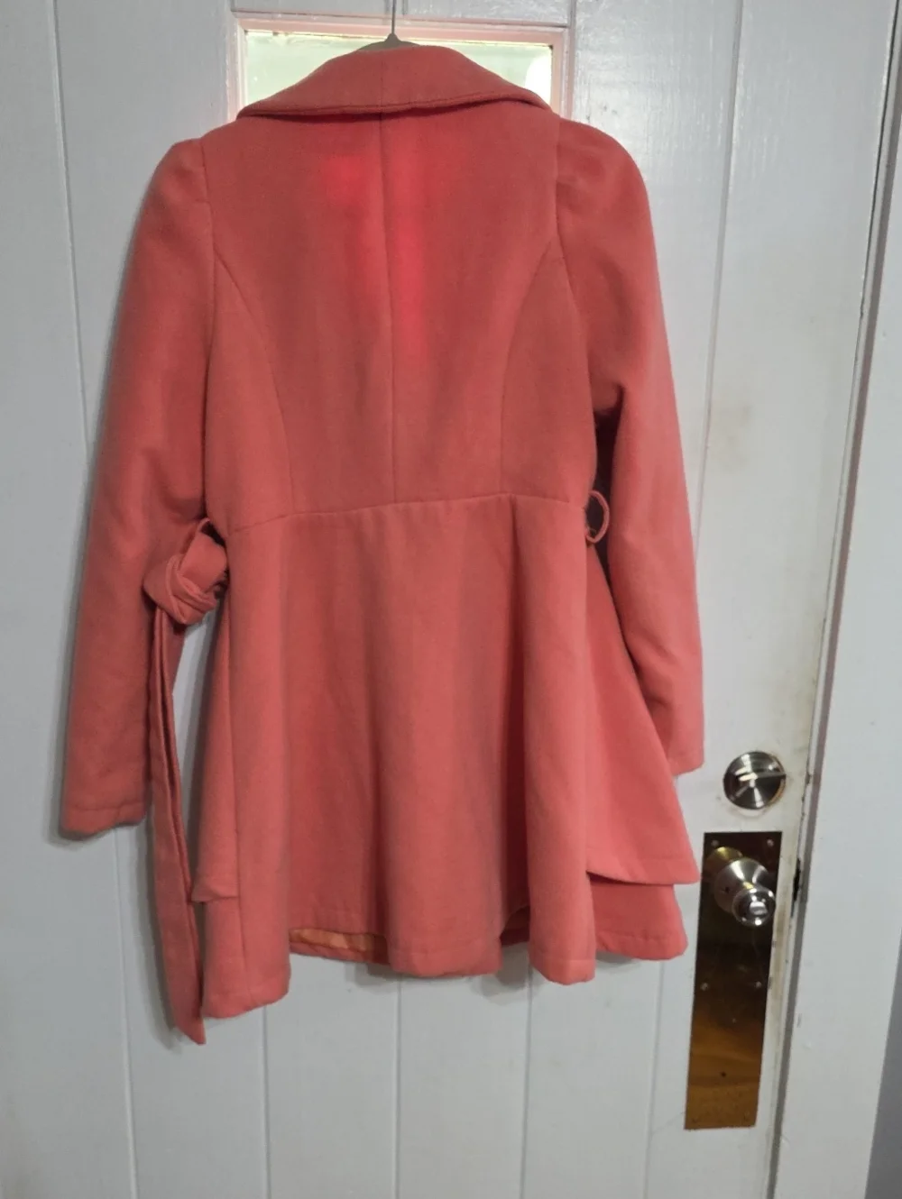 RISE Christian Rise Womens Coat Peach Belted Pockets Buttons Sz L GUC **READ**